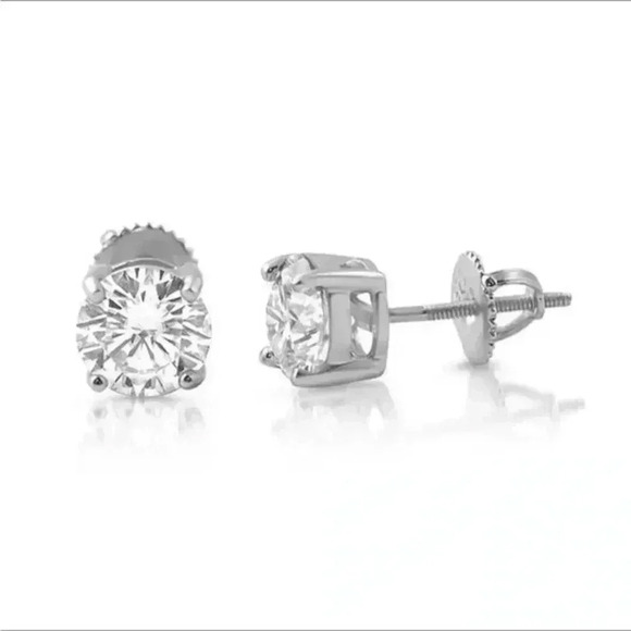 Certified 2 CTW Rhodium D Color VVS1 Moissanite Solitaire Stud Earrings - Picture 1 of 10